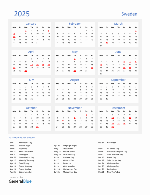 Basic Yearly Calendar with Holidays in Sweden for 2025