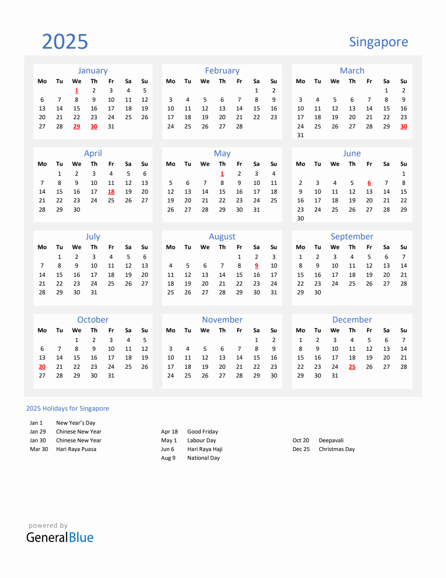 Basic Yearly Calendar with Holidays in Singapore for 2025 - Monday Start