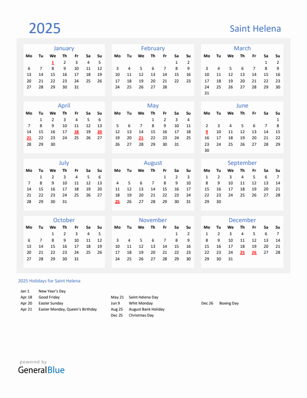 Basic Yearly Calendar with Holidays in Saint Helena for 2025