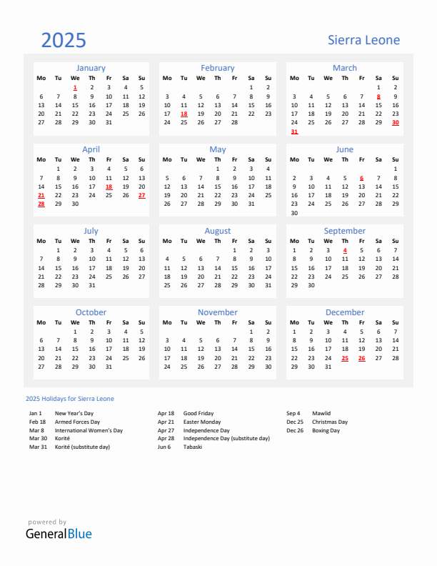 Basic Yearly Calendar with Holidays in Sierra Leone for 2025 