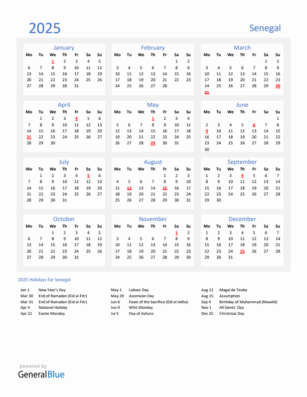 Basic Yearly Calendar with Holidays in Senegal for 2025 