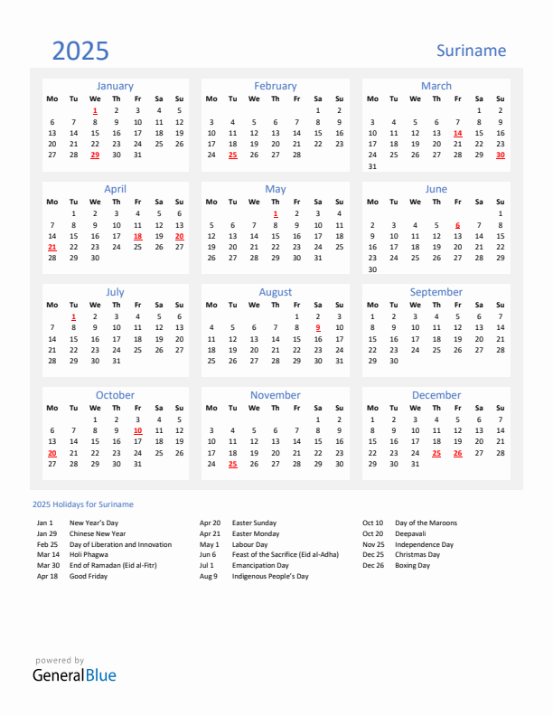 Basic Yearly Calendar with Holidays in Suriname for 2025 