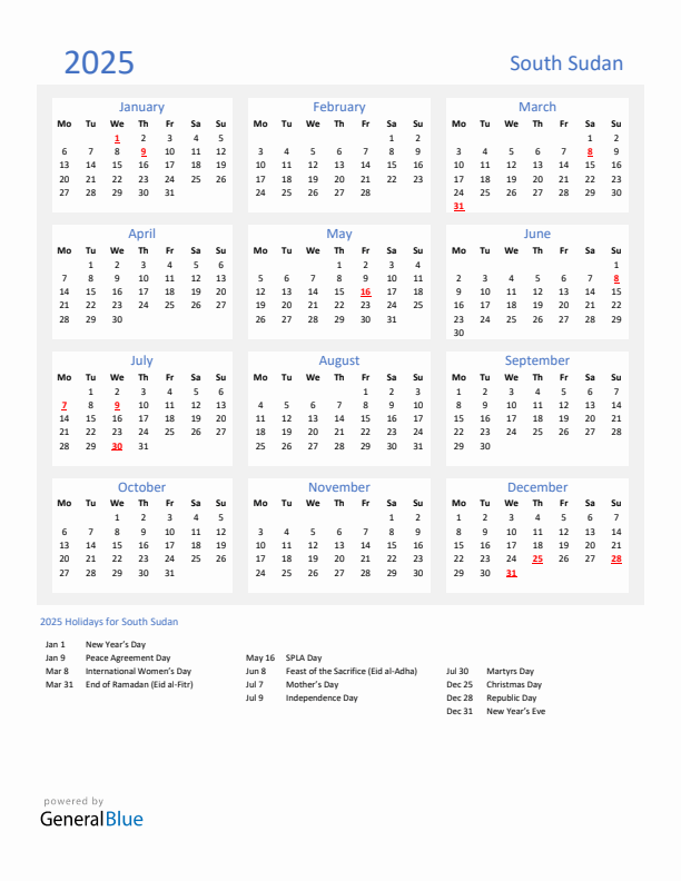 Basic Yearly Calendar with Holidays in South Sudan for 2025