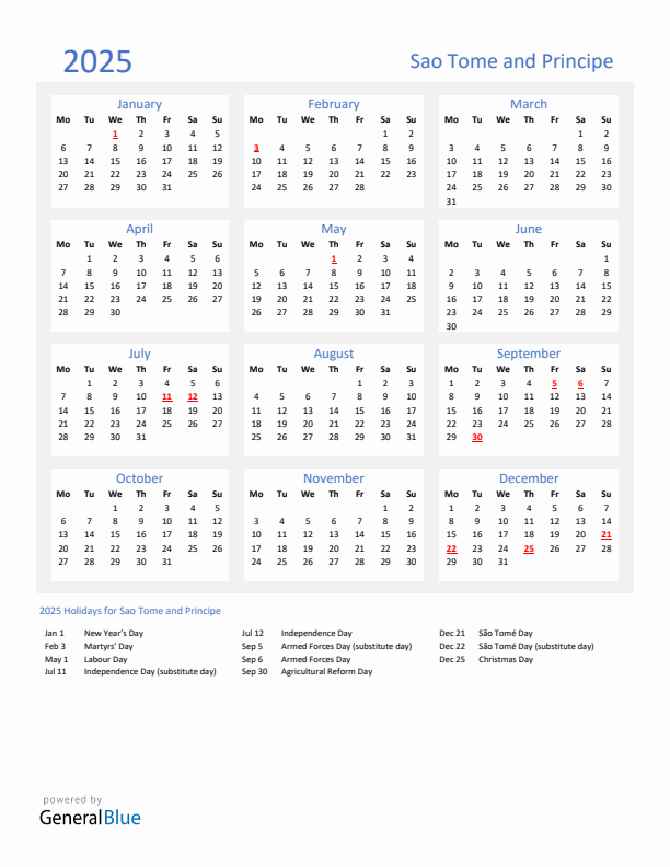 Basic Yearly Calendar with Holidays in Sao Tome and Principe for 2025 