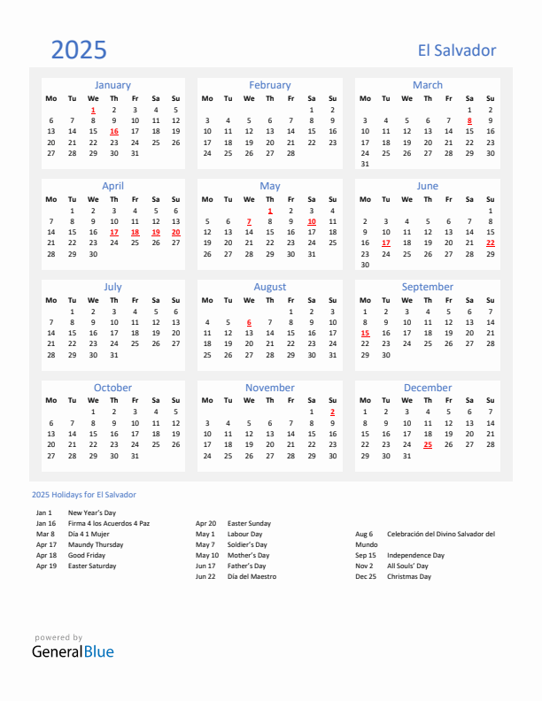 Basic Yearly Calendar with Holidays in El Salvador for 2025