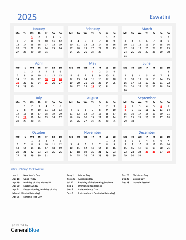 Basic Yearly Calendar with Holidays in Eswatini for 2025 