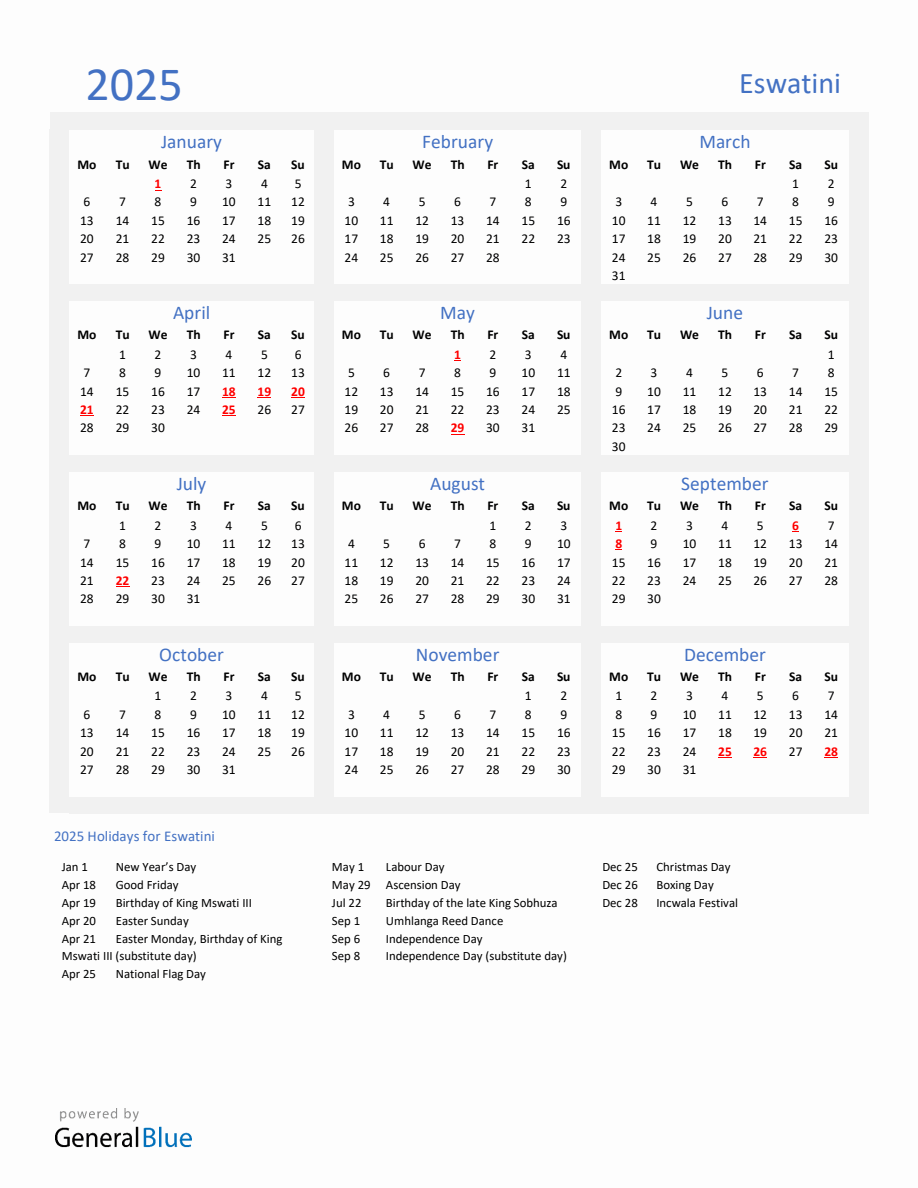 Basic Yearly Calendar with Holidays in Eswatini for 2025 - Monday Start
