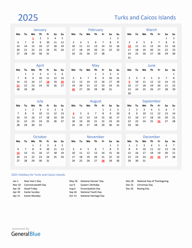 Basic Yearly Calendar with Holidays in Turks and Caicos Islands for 2025 