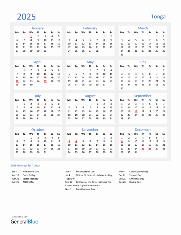 Basic Yearly Calendar with Holidays in Tonga for 2025 