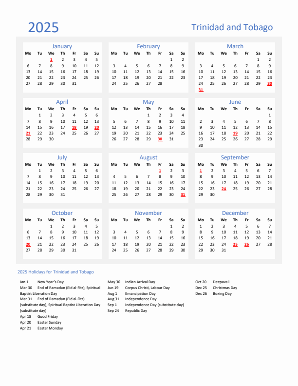 Basic Yearly Calendar with Holidays in Trinidad and Tobago for 2025 