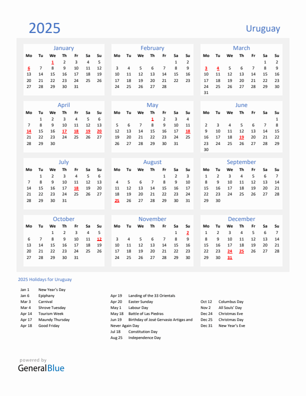 Basic Yearly Calendar with Holidays in Uruguay for 2025