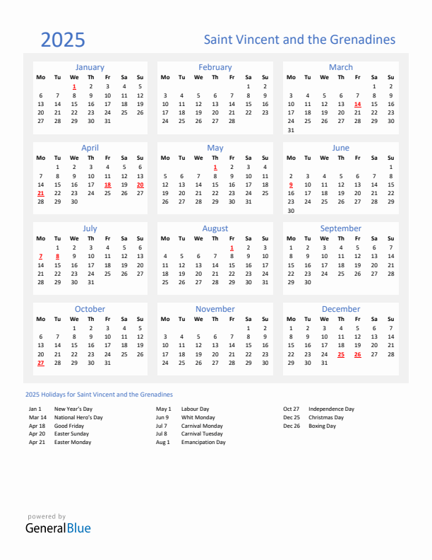 Basic Yearly Calendar with Holidays in Saint Vincent and the Grenadines for 2025 