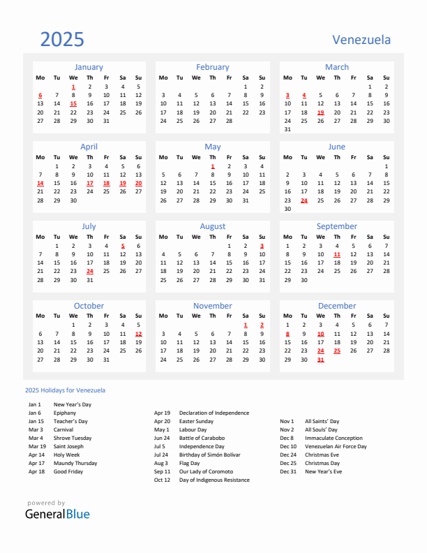 Basic Yearly Calendar with Holidays in Venezuela for 2025