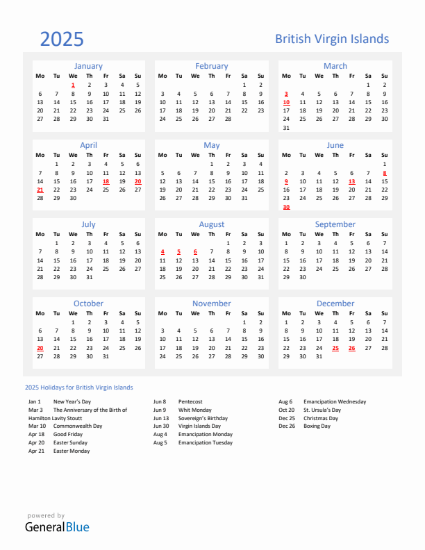 Basic Yearly Calendar with Holidays in British Virgin Islands for 2025 
