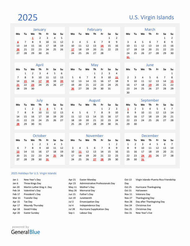 Basic Yearly Calendar with Holidays in U.S. Virgin Islands for 2025 