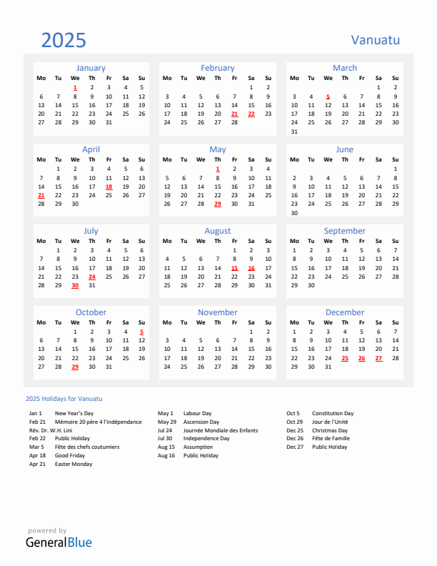 Basic Yearly Calendar with Holidays in Vanuatu for 2025 