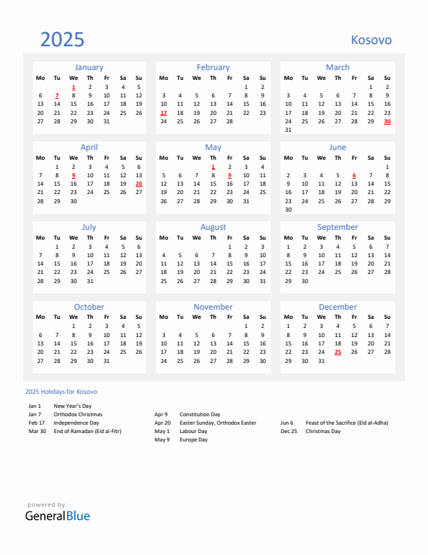 Basic Yearly Calendar with Holidays in Kosovo for 2025
