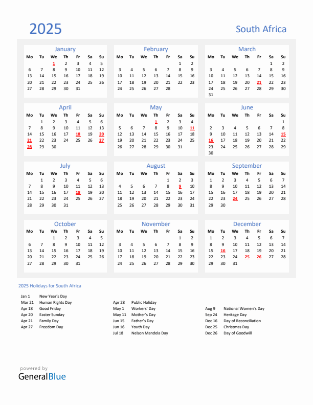 Basic Yearly Calendar with Holidays in South Africa for 2025