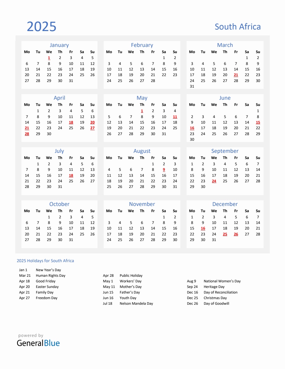 Basic Yearly Calendar with Holidays in South Africa for 2025 - Monday Start