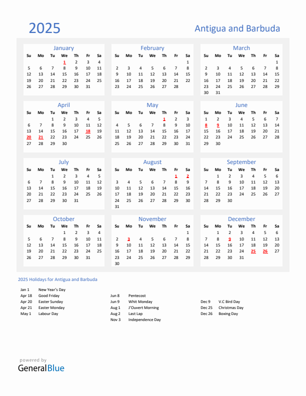 Basic Yearly Calendar with Holidays in Antigua and Barbuda for 2025