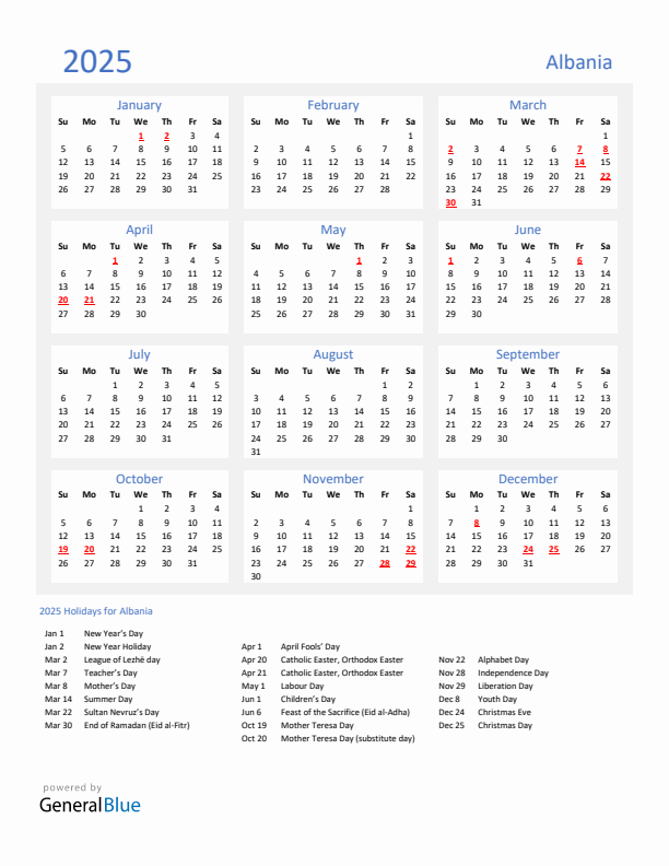 Basic Yearly Calendar with Holidays in Albania for 2025