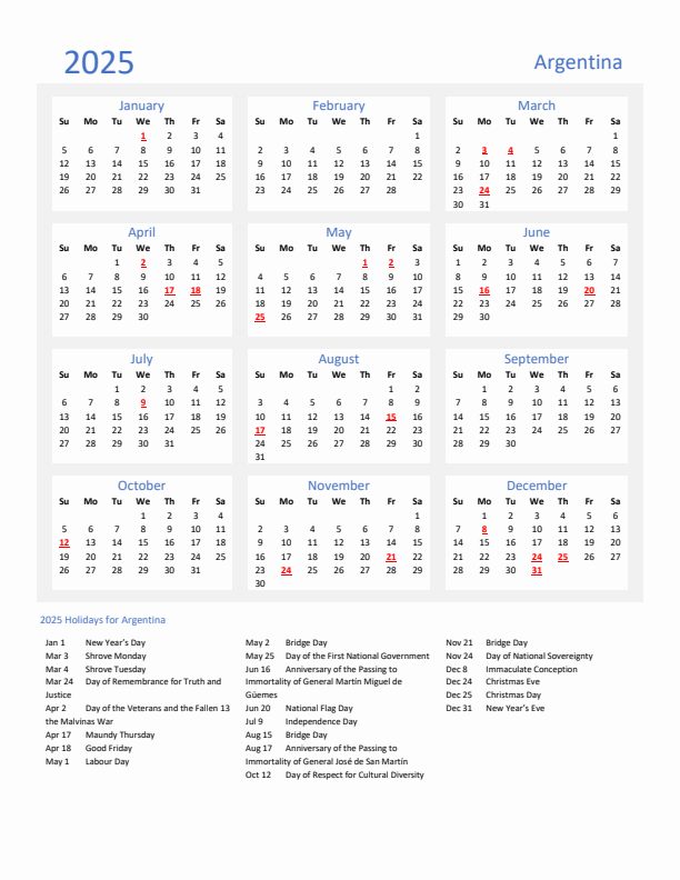 Basic Yearly Calendar with Holidays in Argentina for 2025 