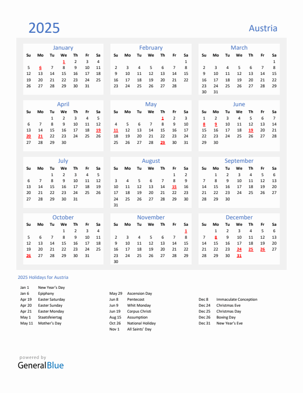 Basic Yearly Calendar with Holidays in Austria for 2025