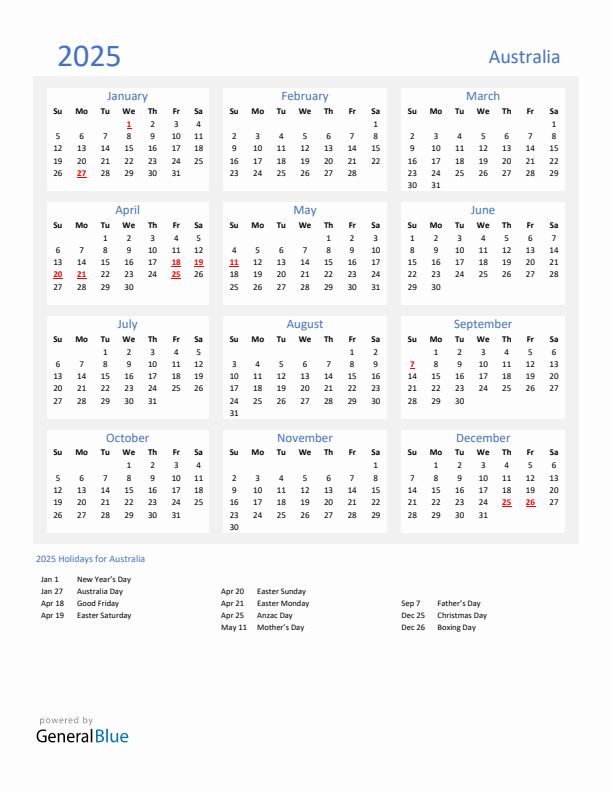 Basic Yearly Calendar with Holidays in Australia for 2025