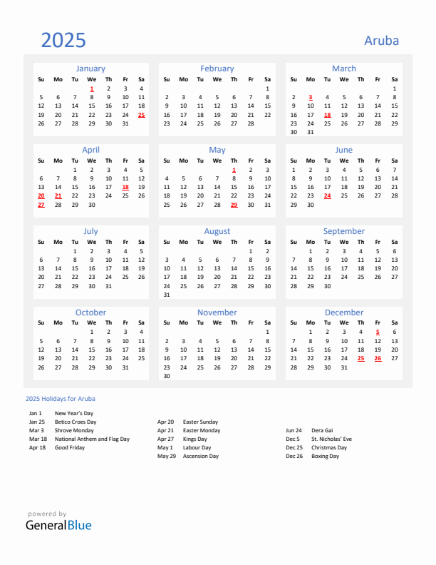 Basic Yearly Calendar with Holidays in Aruba for 2025