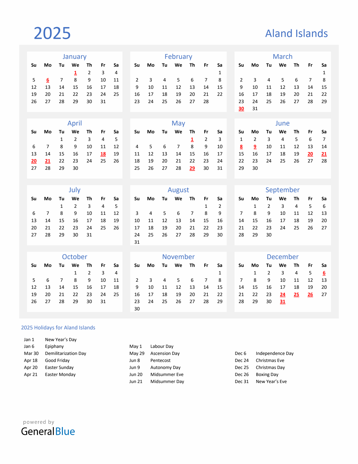Basic Yearly Calendar with Holidays in Aland Islands for 2025