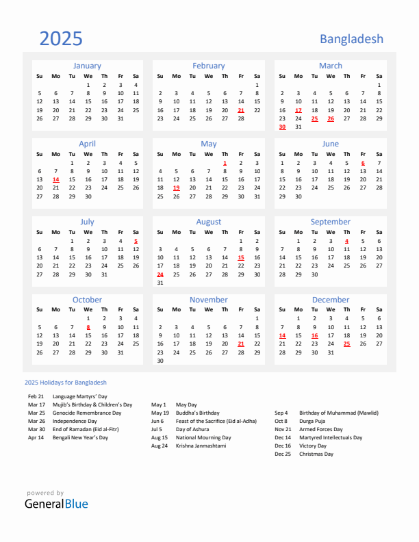 Basic Yearly Calendar with Holidays in Bangladesh for 2025