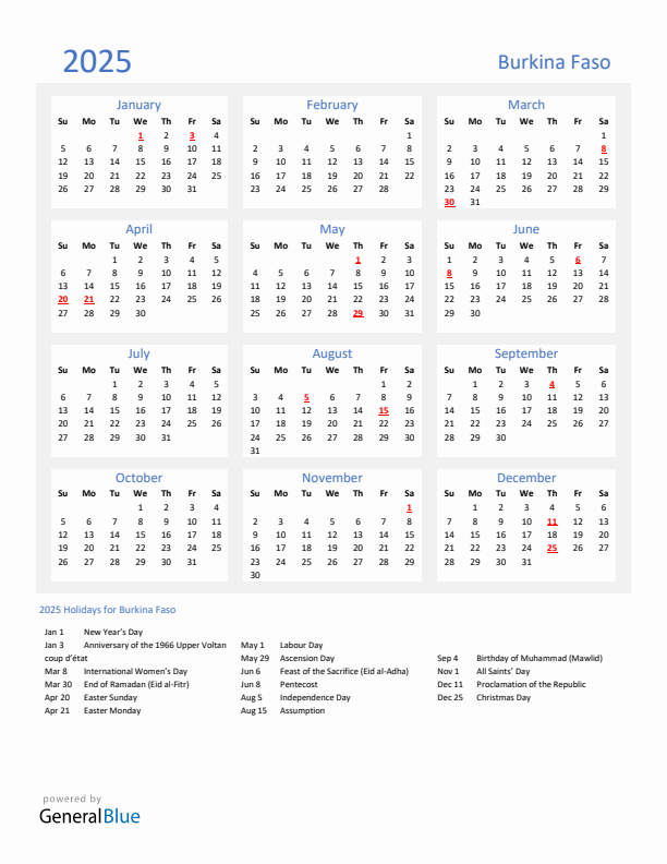 Basic Yearly Calendar with Holidays in Burkina Faso for 2025