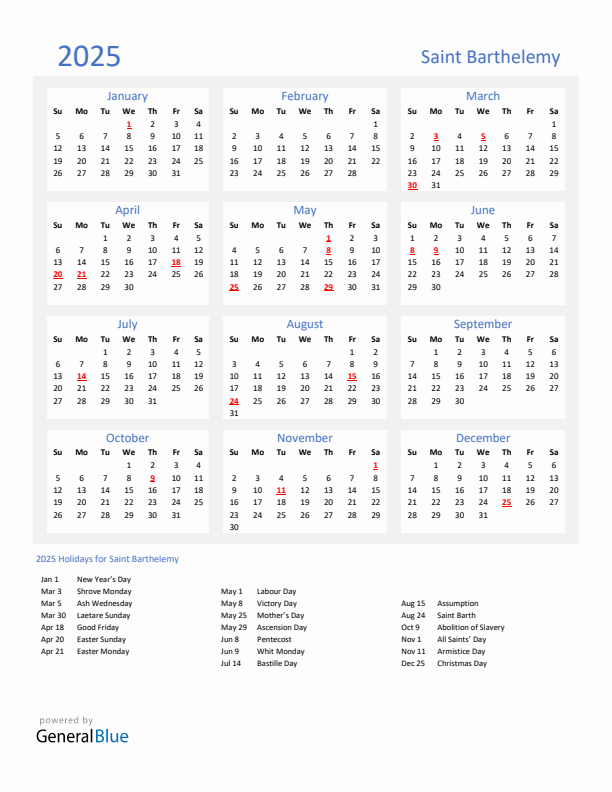 Basic Yearly Calendar with Holidays in Saint Barthelemy for 2025