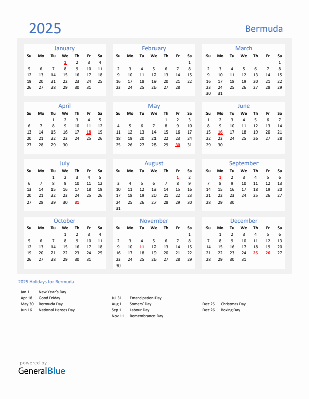 Basic Yearly Calendar with Holidays in Bermuda for 2025