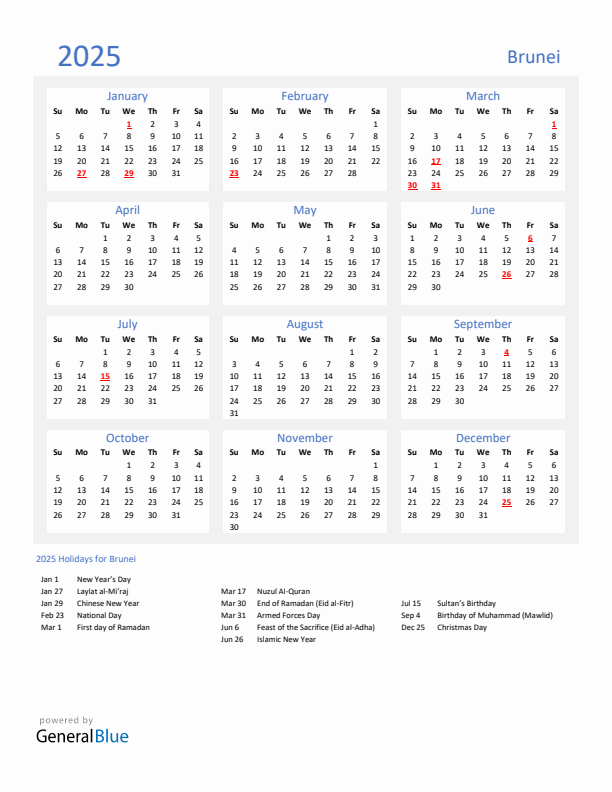 Basic Yearly Calendar with Holidays in Brunei for 2025