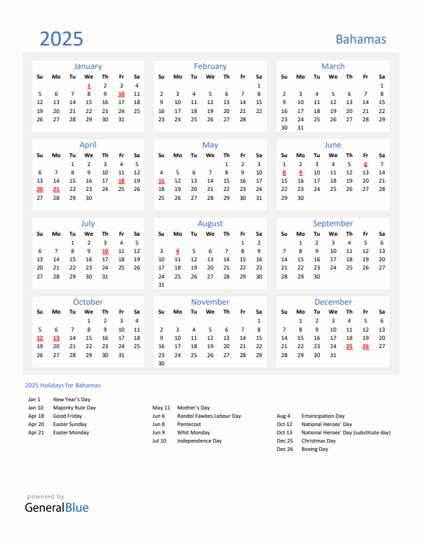 Basic Yearly Calendar with Holidays in Bahamas for 2025
