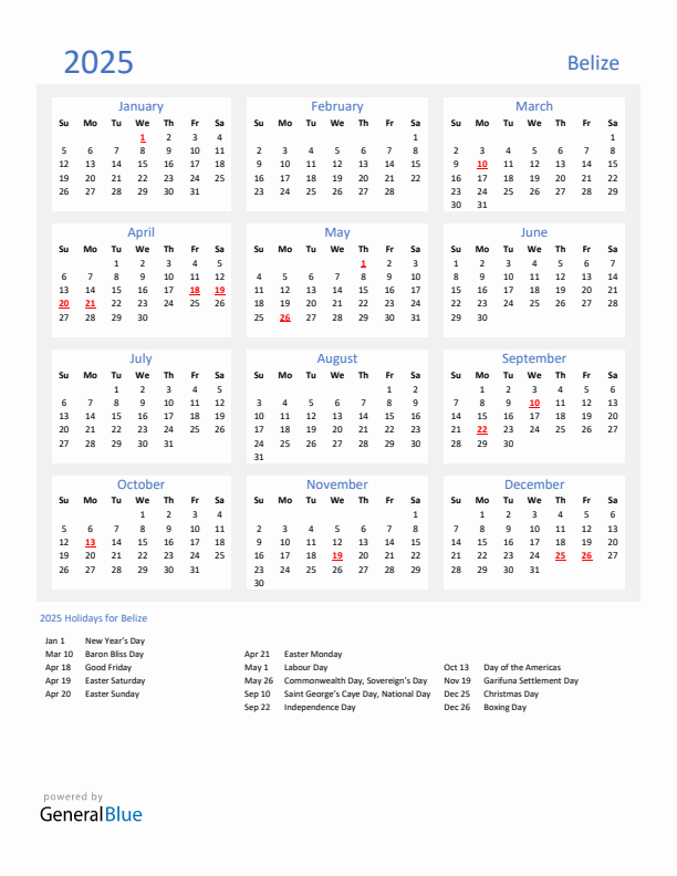 Basic Yearly Calendar with Holidays in Belize for 2025