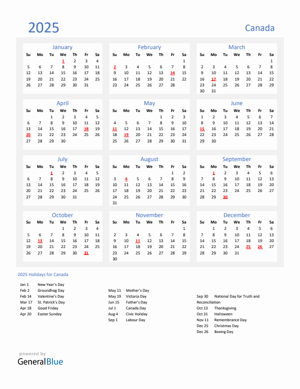 Basic Yearly Calendar with Holidays in Canada for 2025