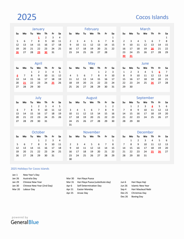 Basic Yearly Calendar with Holidays in Cocos Islands for 2025