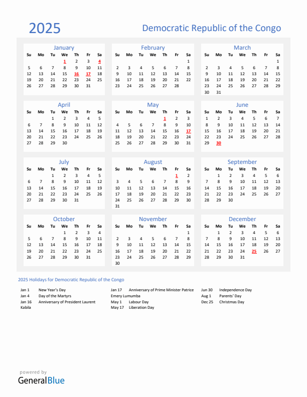 Basic Yearly Calendar with Holidays in Democratic Republic of the Congo for 2025 