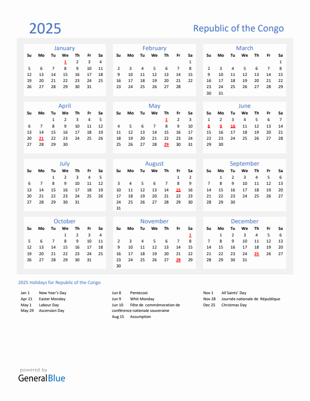 Basic Yearly Calendar with Holidays in Republic of the Congo for 2025 