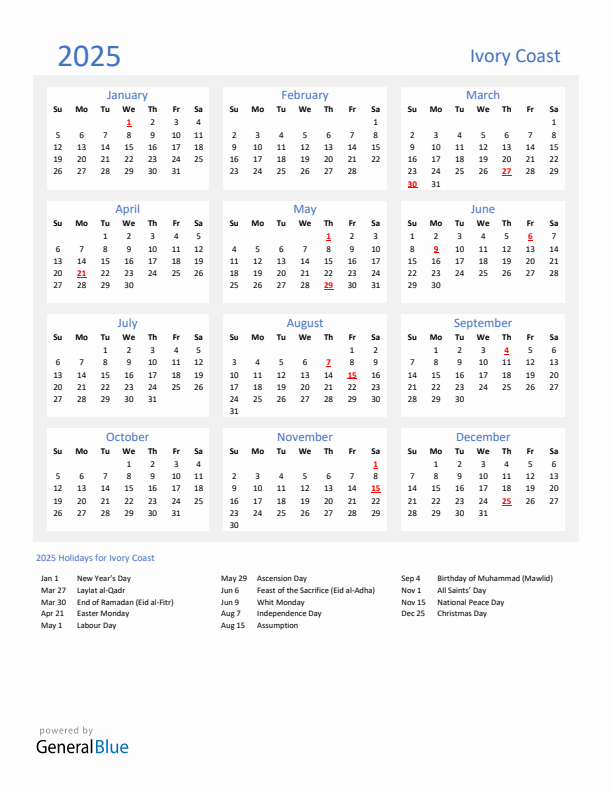Basic Yearly Calendar with Holidays in Ivory Coast for 2025 