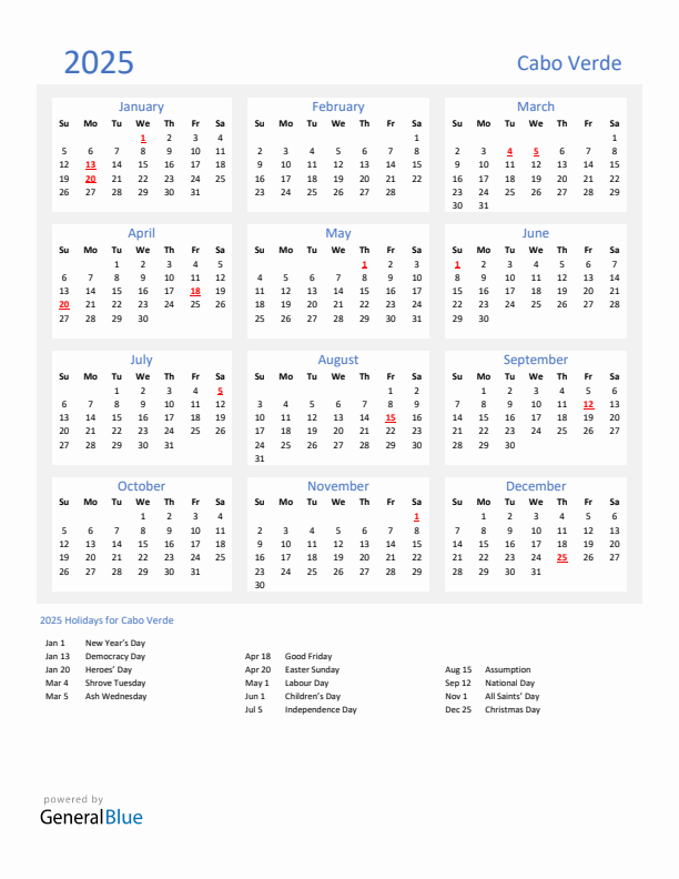 Basic Yearly Calendar with Holidays in Cabo Verde for 2025