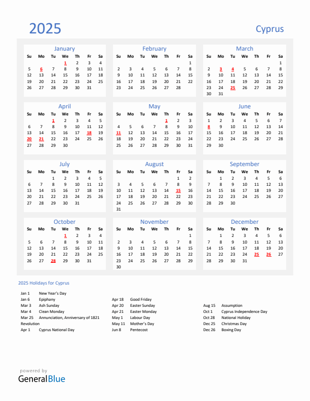 Basic Yearly Calendar with Holidays in Cyprus for 2025