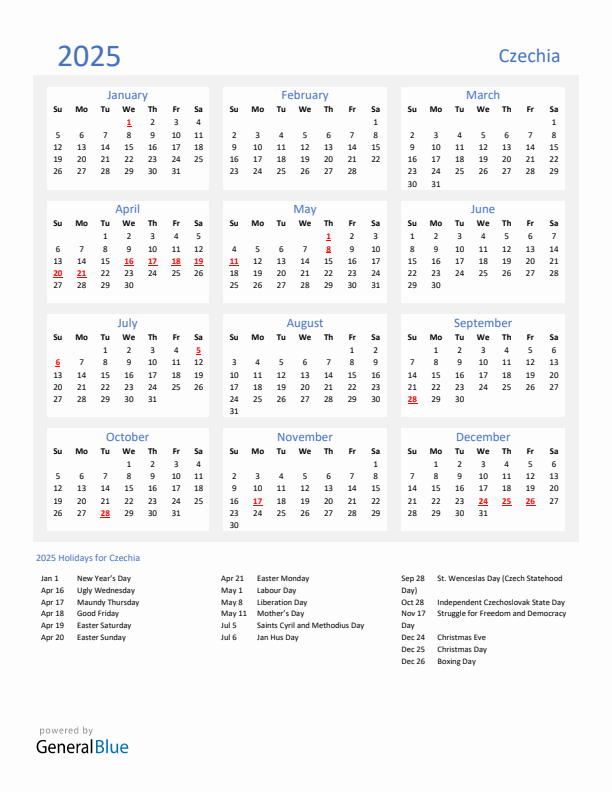 Basic Yearly Calendar with Holidays in Czechia for 2025 