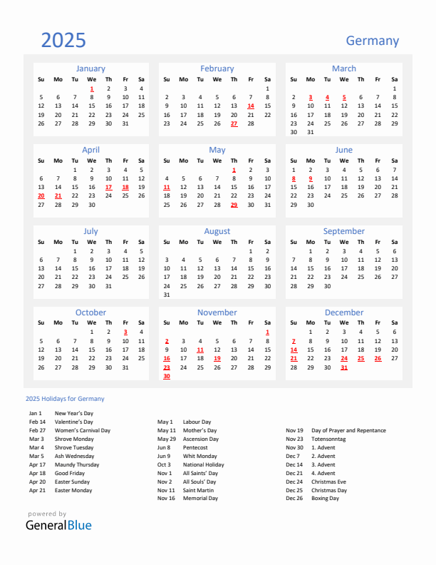 Basic Yearly Calendar with Holidays in Germany for 2025