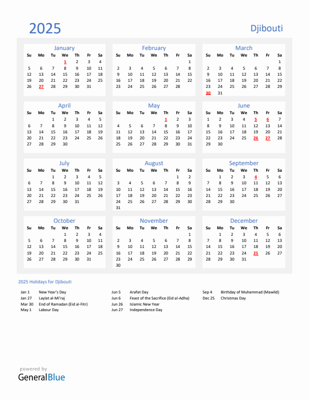 Basic Yearly Calendar with Holidays in Djibouti for 2025 