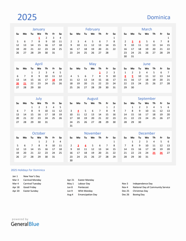 Basic Yearly Calendar with Holidays in Dominica for 2025
