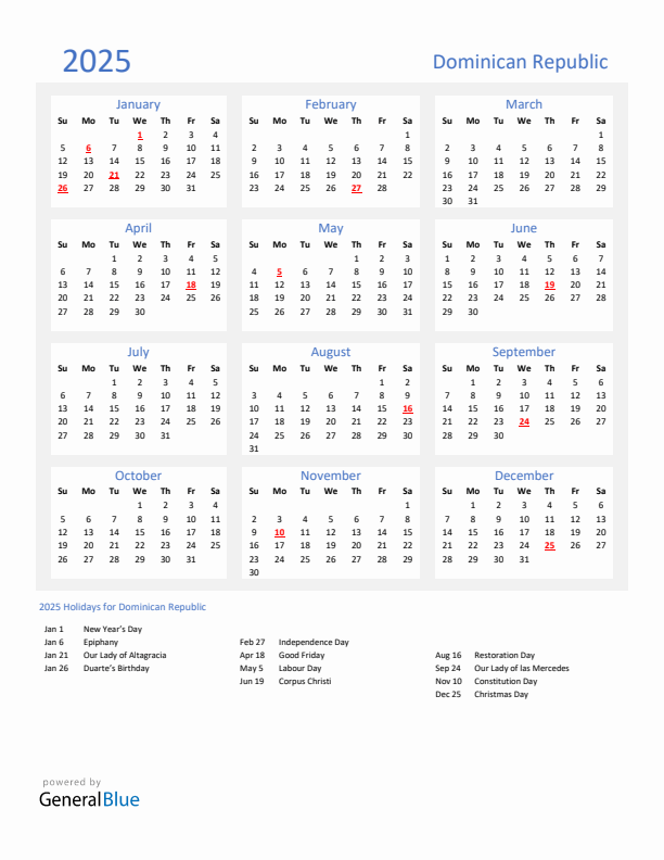 Basic Yearly Calendar with Holidays in Dominican Republic for 2025