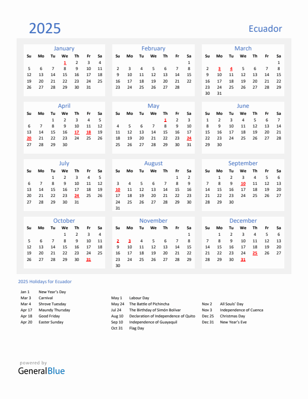 Basic Yearly Calendar with Holidays in Ecuador for 2025